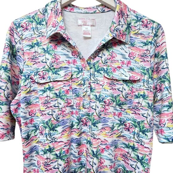 STELLA PARKER Polo Top Medium Pink Palms Print Short Sleeve Stretch Jersey Golf - Picture 2 of 9